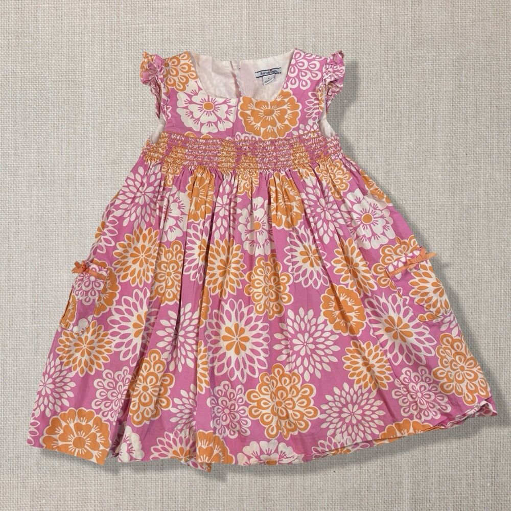 Hartstrings Girls Floral Smocked Dress Pink Orange Cotton Size 6